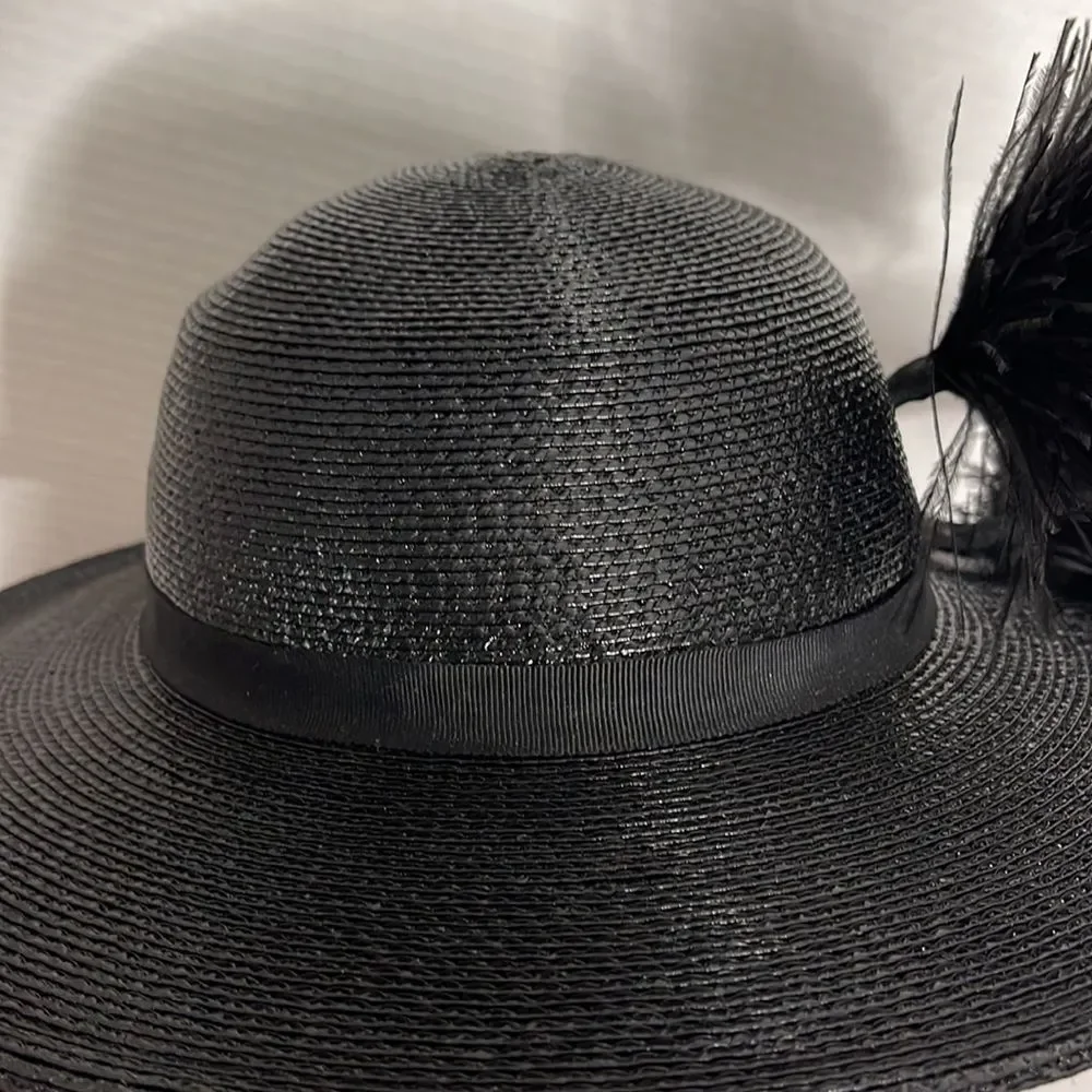 Vintage 60s Black Straw Hat with Feather Plume - Picture 7 of 15